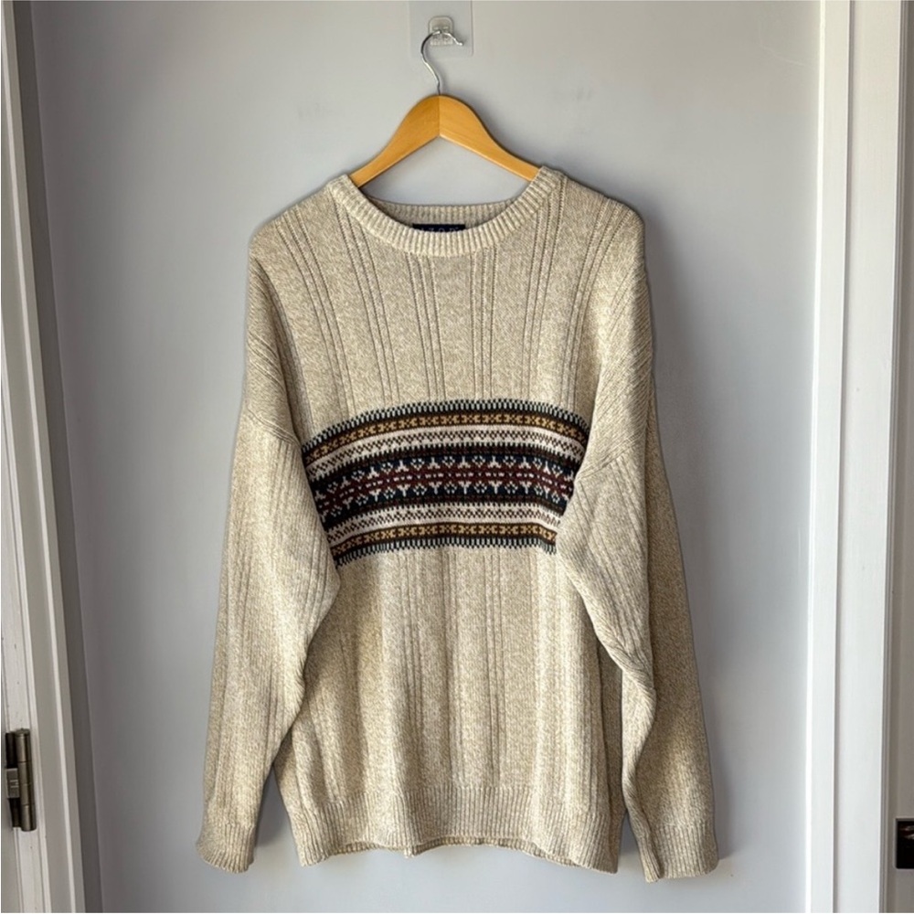 IZOD Cotton Large Ski Sweater Nordic Fair Isle Beige Knit Pullover Crewneck